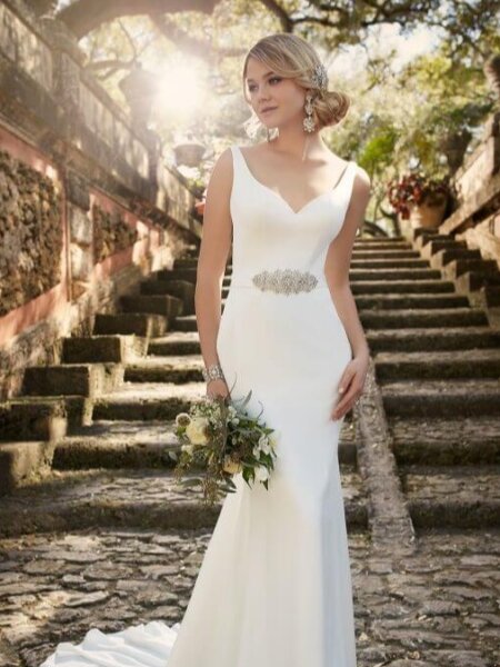 Essense of Australia D1951 V neck wedding dress with low V back. Front view bride.