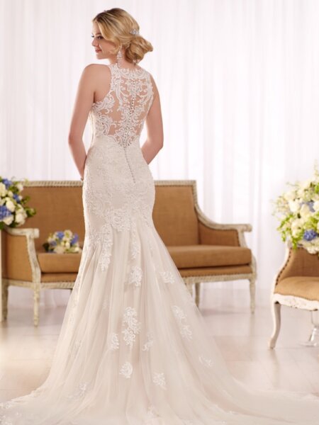 Essense of Australia D2174 lace wedding dress with high neck and statement lace back.