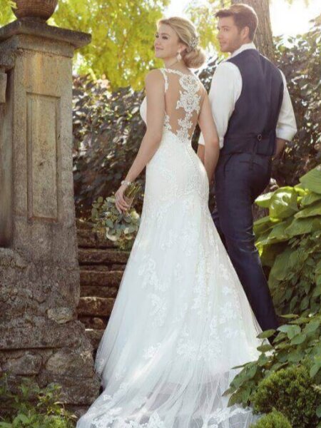 Essense of Australia D2208 fitted wedding dress with vintage styling back view with groom.