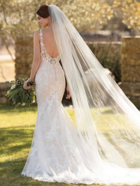 Essense of Australia D2478 fitted lace wedding dress with low back.