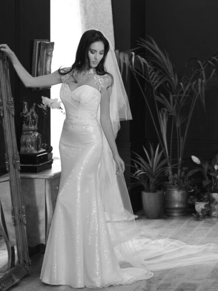Nicola Anne Woburn fitted wedding dress with sparkle skirt.