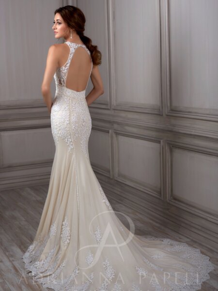 Adrianna Papell 31060 halterneck lace wedding dress back view.