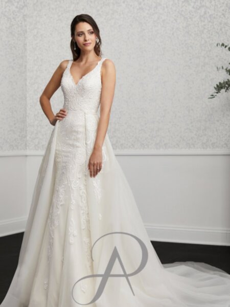 Adrianna Papell fitted lace wedding dress with V back front view with detachable train.