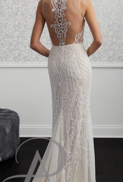 Adrianna Papell 40238 Casablance beaded vintage style wedding dress with beaded illusion back and short train back view.