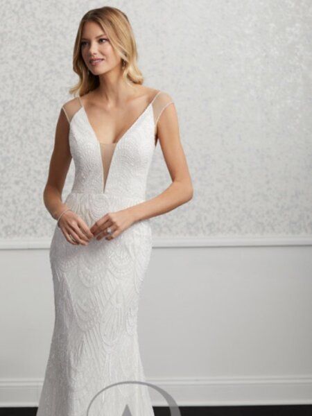 Adrianna Papell 40232 Verona vintage style beaded wedding dress front view.