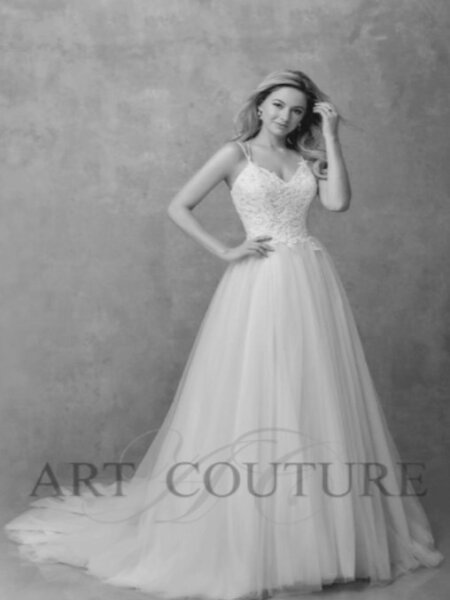 Art Couture AC542 ball gown wedding dress with lace bodice and plain skirt front view.