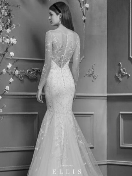 Ellis 12272 fitted wedding dress with low back covered in delicate embroidery and long sleeves back view.