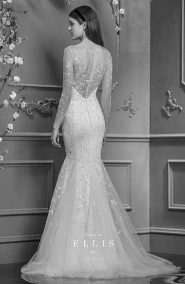 Ellis 12272 fitted wedding dress with low back covered in delicate embroidery and long sleeves back view.