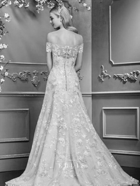 Ellis Bridals 11753 lace A line wedding dress with Bardot neckline back view.