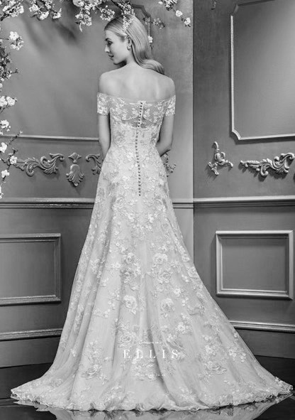 Ellis Bridals 11753 lace A line wedding dress with Bardot neckline back view.
