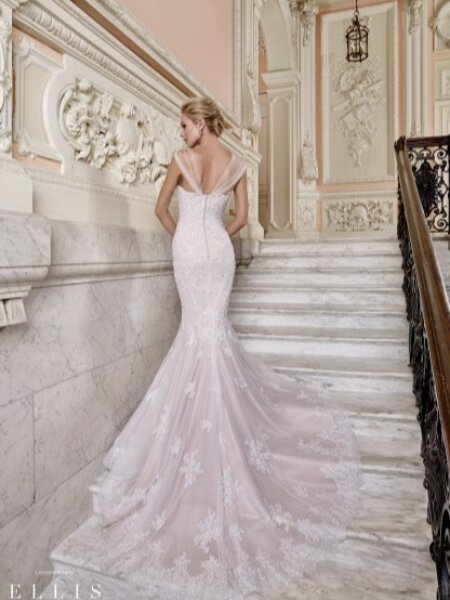 Ellis Bridal 12304 pink mermaid lace wedding dress with detachable tulle straps.back view