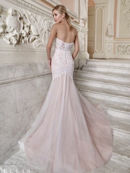 Ellis Bridals 17054 mermaid wedding dress with lace bodice in ivory nude back view.