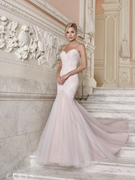 Ellis Bridals 17054 mermaid wedding dress with lace bodice in ivory nude front view.