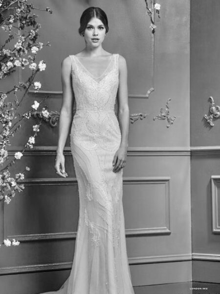 Ellis Bridals 18084 fitted vintage beaded wedding dress with V neck front view.