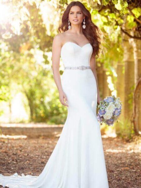 Essense of Australia D2256 plain fitted wedding dress can be styled with accessories to make it unique front view.