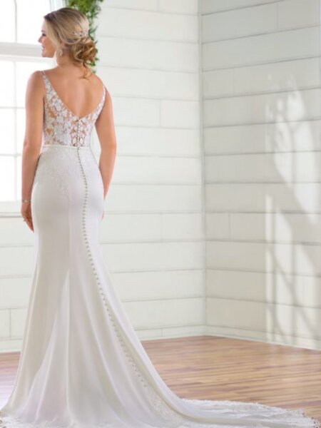 Essense of Australia D2711 plain fitted wedding dress with high neck and lace detail to the bodice train back view.