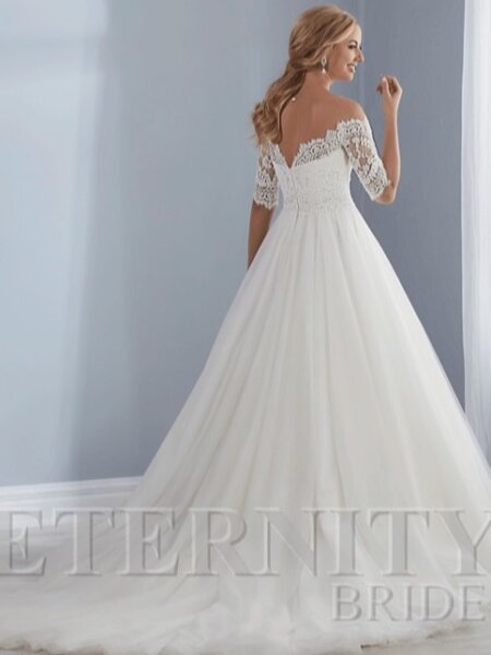 Eternity Bridal wedding dress D5527 ballgown wedding dress with off the shoulder lace bodice and three quarter length sleeves back view.