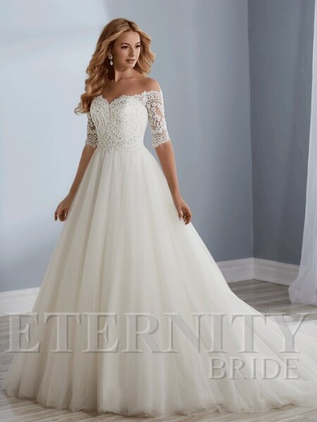Eternity Bridal wedding dress D5527 ballgown wedding dress with off the shoulder lace bodice and three quarter lenth sleeves front view.