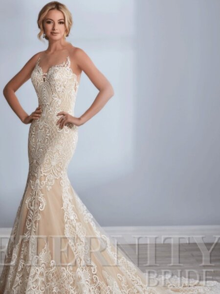Eternity Bridal D5519 fitted lace wedding dress with sweetheart illusion neckline front view.