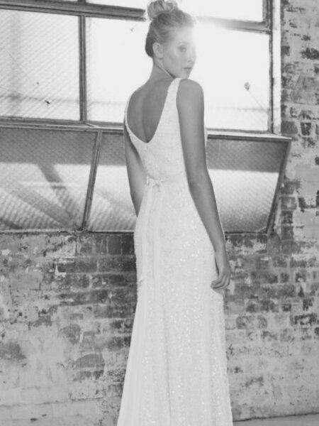 KWH Aster beaded wedding dress with V neck back view.
