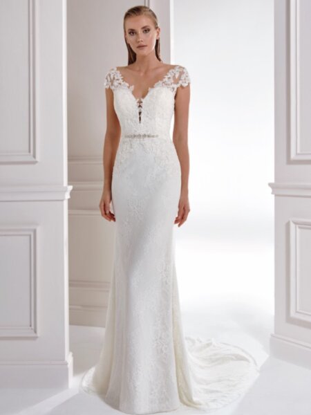 Libelle 18279 Leondra plain fitted wedding dress with lace detail and cap sleeves front view.