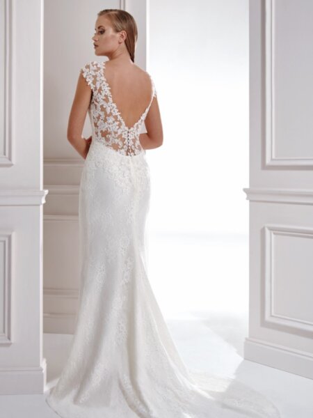 Libelle 18279 Leondra plain fitted wedding dress with lace detail V back and short train back view.