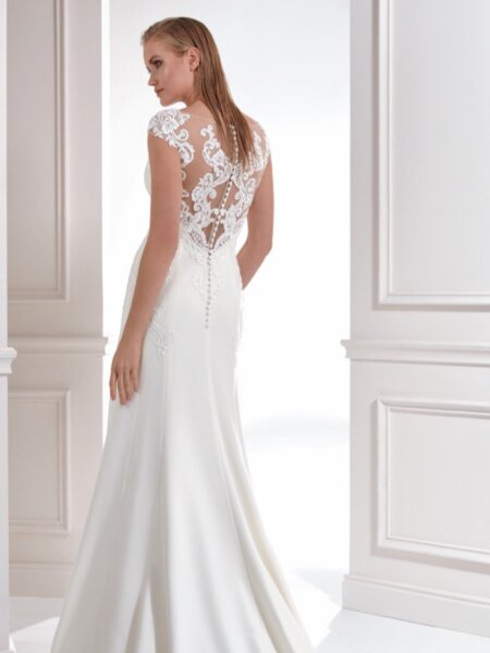Libelle Laurel slim Aline wedding dress in plain crepe with lace statement back and short train back view view.