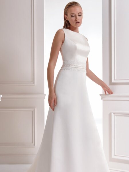 Libelle Lucinda satin A line wedding dress with high neckline and statement cowel back front view.