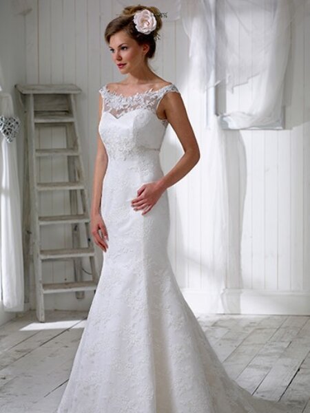 Nicola Anne Venetian off the shoulder fitted wedding dress front view.