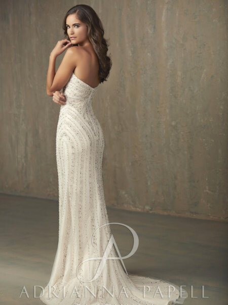 Adrianna Papell 31054 Mackenzie beaded fitted wedding dress with short train back view.
