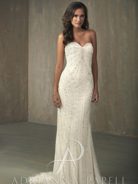Adrianna Papell 31054 Mackenzie beaded fitted wedding dress with short train front view.