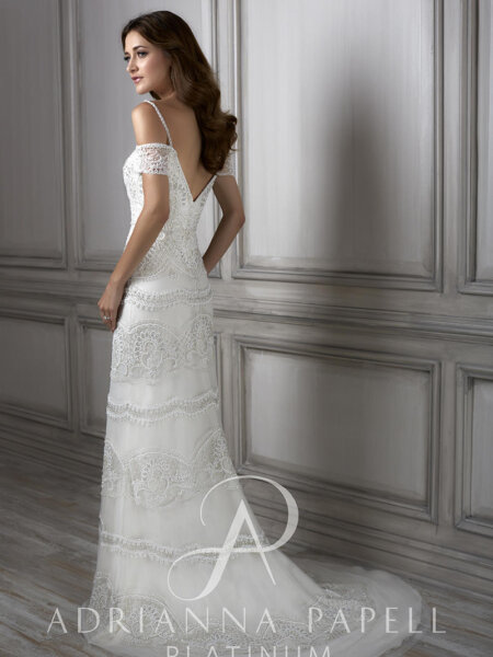 Adrianna Papell Platinum 849031 Viola vintage style beaded off the shoulder fitted wedding dress back view.