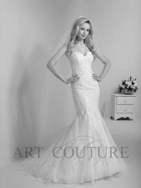 Art Couture AC505 mermaid wedding dress with figure flattering linear beaded lace front view.