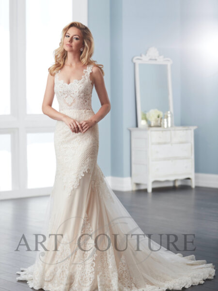 Art Couture AC537 fitted lace wedding dress with sweetheart neckline and straps font view.