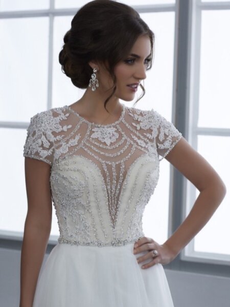 Christina Wu 15656 wedding dress with beaded bodice cap sleeves close up view.