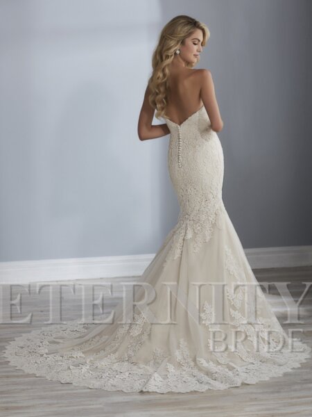 Eternity Bridal fitted lace wedding dress with low back and beautiful train back view.