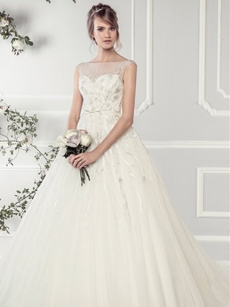 Ellis Bridals 1141 50s inspired embroidered ballgown wedding dress full length front view.