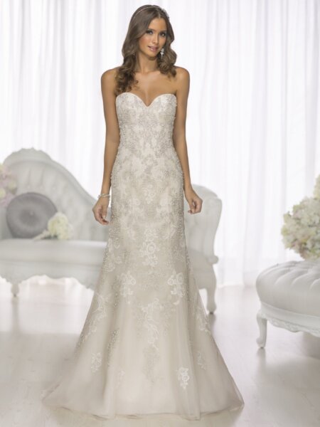 Essense of Australia D1676 fitted beaded wedding dress in pale gold and almond front view.