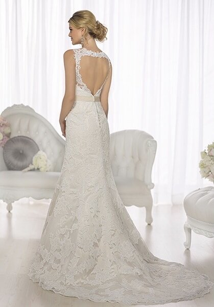 Essense of Australia D1695 v neck fitted lace wedding dress with heart shaped peep hole back view.