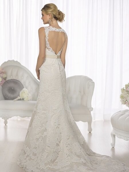 Essense of Australia D1695 v neck fitted lace wedding dress with heart shaped peep hole back view.