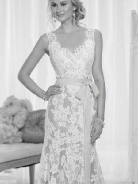 Essense of Australia fitted full lace wedding dress with V neck front view.