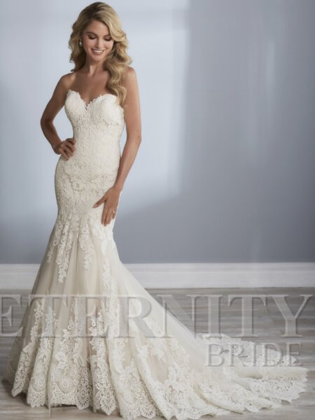 Eternity Bridal fitted lace wedding dress front view.