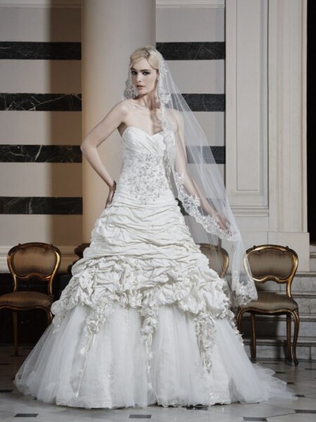 Ian Stuart Rococco A line wedding dress with sparkle bodice and rouched skirt front view.