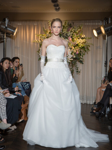 Stewart Parvin Happily Ever After ballgown wedding dress with strapless beaded lace bodice front view.