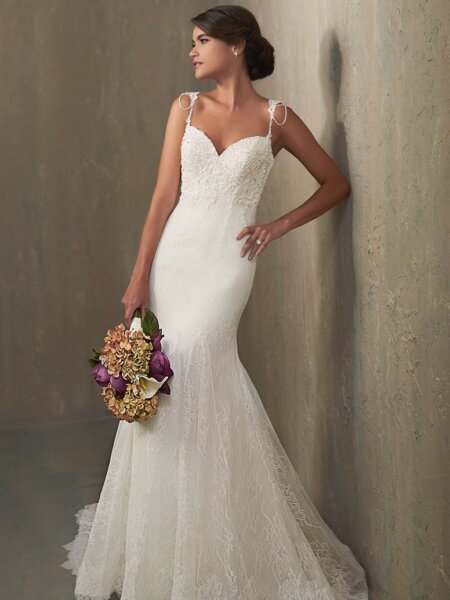 Adrianna Papell 31050 Ivy lace wedding dress with beaded shoe string straps front view.