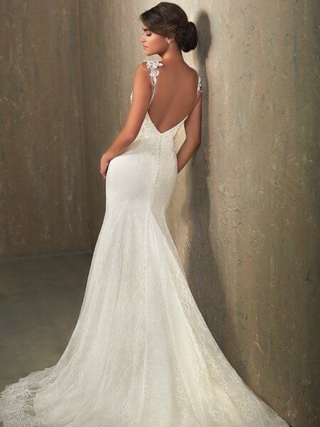 Adrianna Papell 31050 Ivy lace wedding dress with beaded shoe string straps front view.