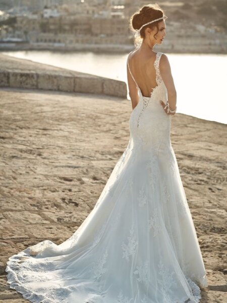 Annais Liesel wedding dress with sweetheart neckline lace detail and low back with lace up back view.
