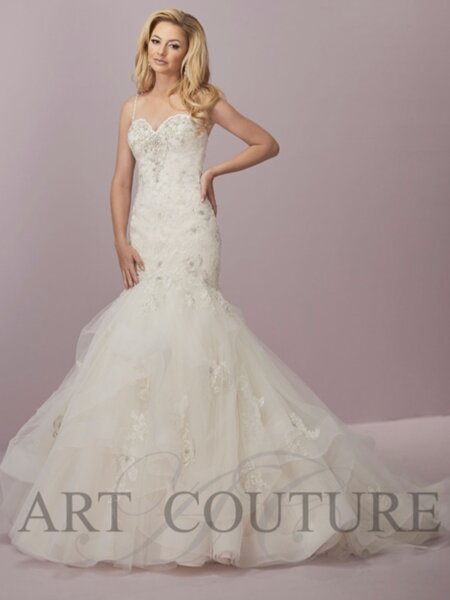 Art Couture AC516 romantic mermaid lace wedding dress with waterfall skirt front view.