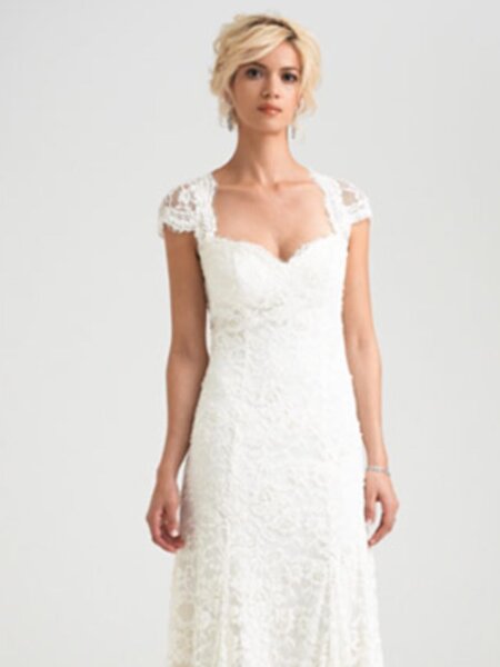Caroline Castigliano Sardinia fitted lace wedding dress with peep hole back. Front view.