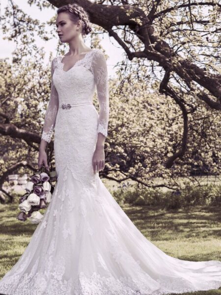 Ellis Bridals long sleeved lace mwrmaid wedding dress with V neck front view.